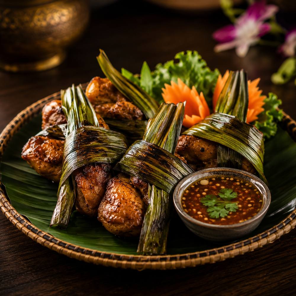 Gai hor bai toey, pandan wrapped grilled chicken with dipping sauce at Benjarong