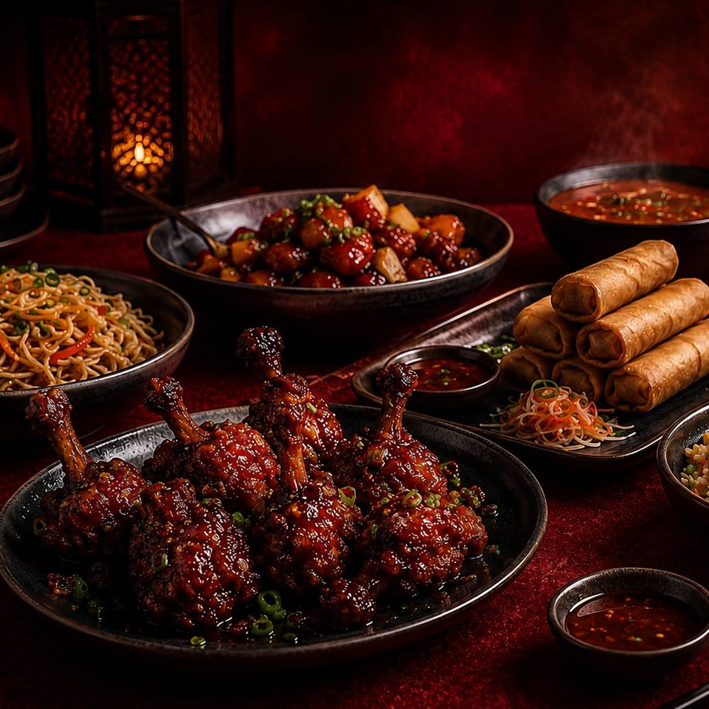 Chilli chicken drumsticks, hakka noodles and spring rolls at China Town