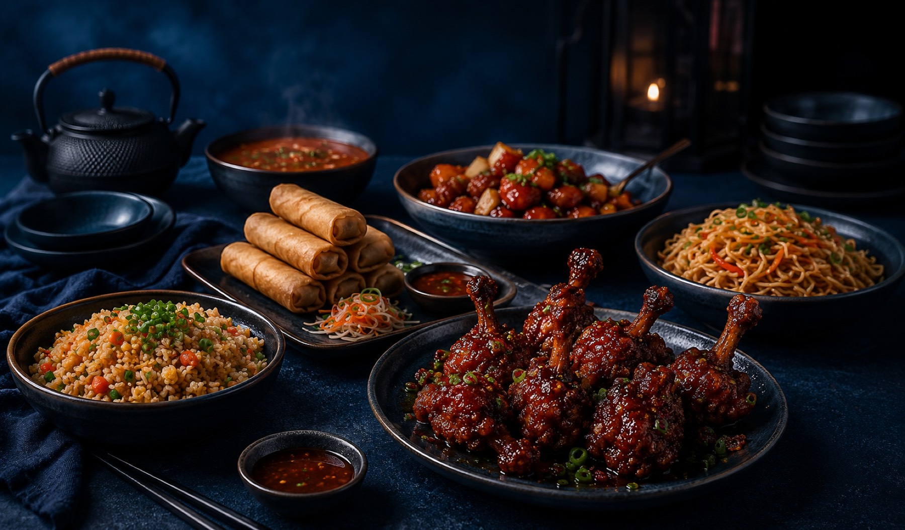 An Indo Chinese feast of chilli drumsticks, noodles, fried rice and spring rolls at China Town