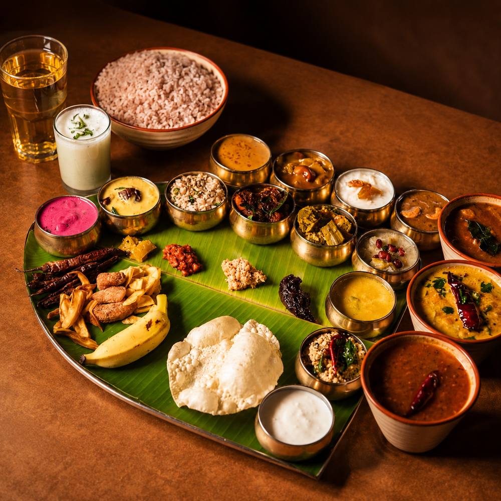 A Kerala sadhya feast on a banana leaf with rice, curries, papadum and payasam at Ente Keralam