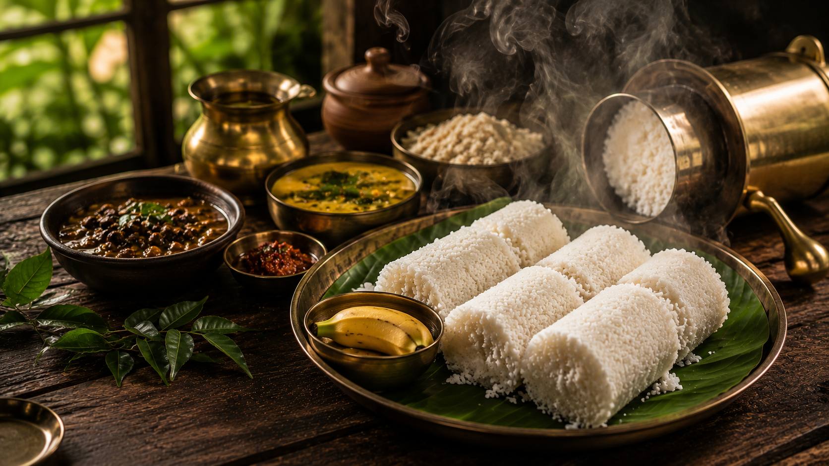 Steamed puttu with kadala curry, banana and Kerala accompaniments in brass vessels at Ente Keralam