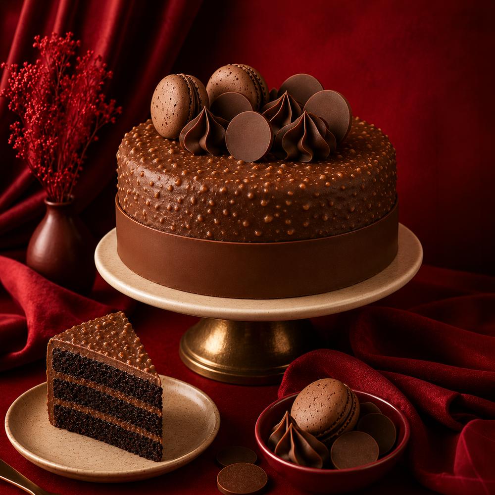 A chocolate celebration cake topped with macarons and chocolate discs at Hot Breads