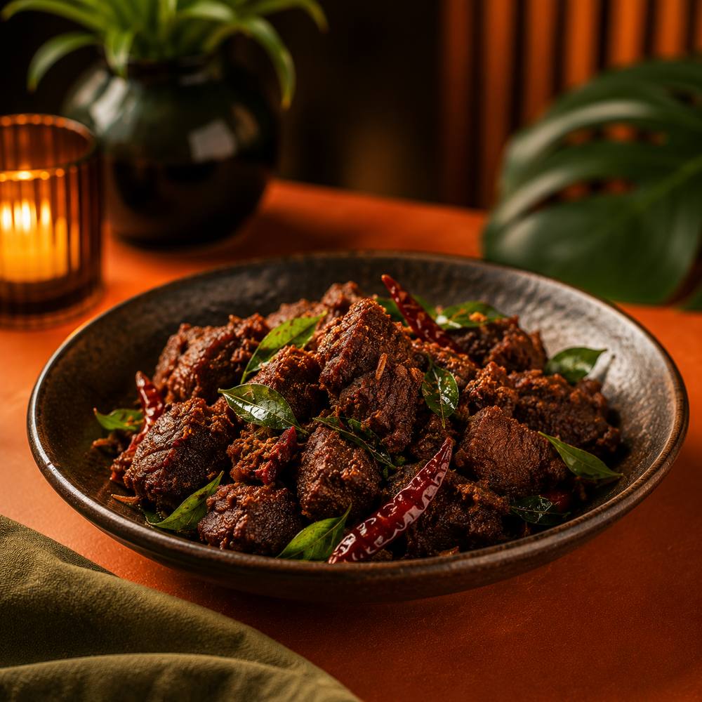 Beef ularthiyathu, Malabar dry roast with curry leaves and red chilli at Malabar Point