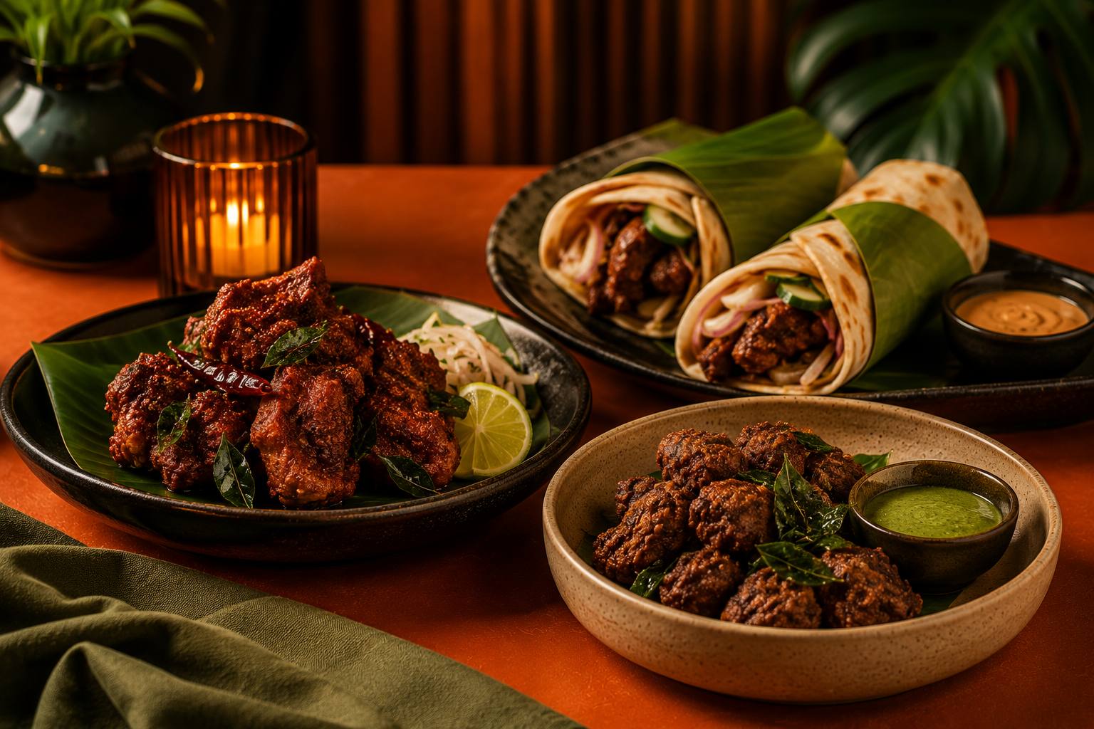 Malabar chicken fry, beef ularthiyathu and kathi rolls at Malabar Point