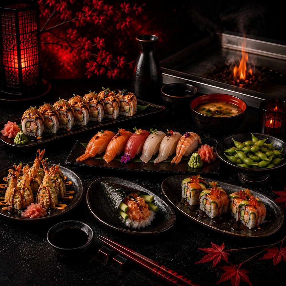 Sushi rolls, nigiri, sashimi, tempura prawns, miso soup and edamame by the grill at Teppan