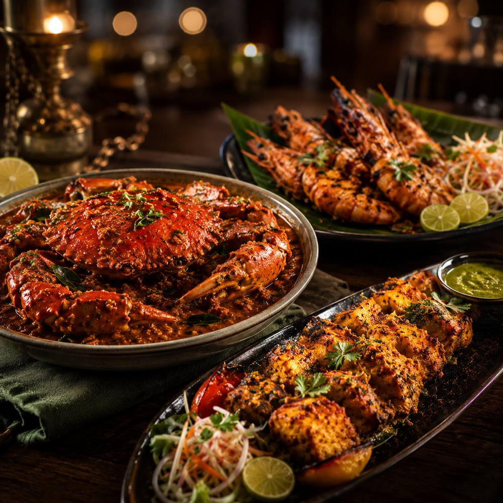 Crab masala, grilled tiger prawns and seafood tikka with chutney at The Marina