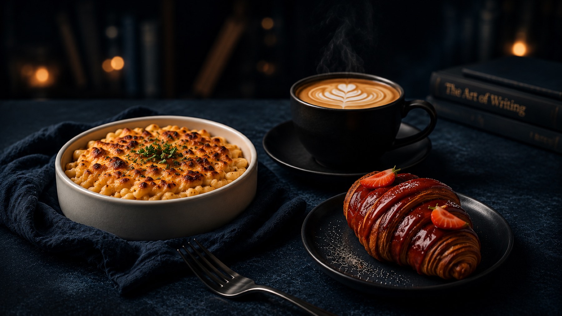 Latte art coffee, baked mac and cheese and a glazed croissant at Writer’s Cafe